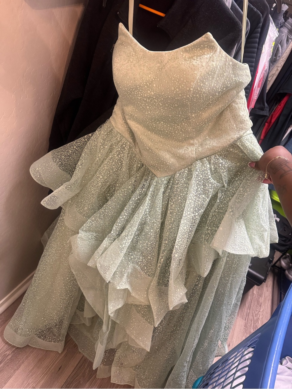 Sparkle Layered Tulle Dress in Light Sage